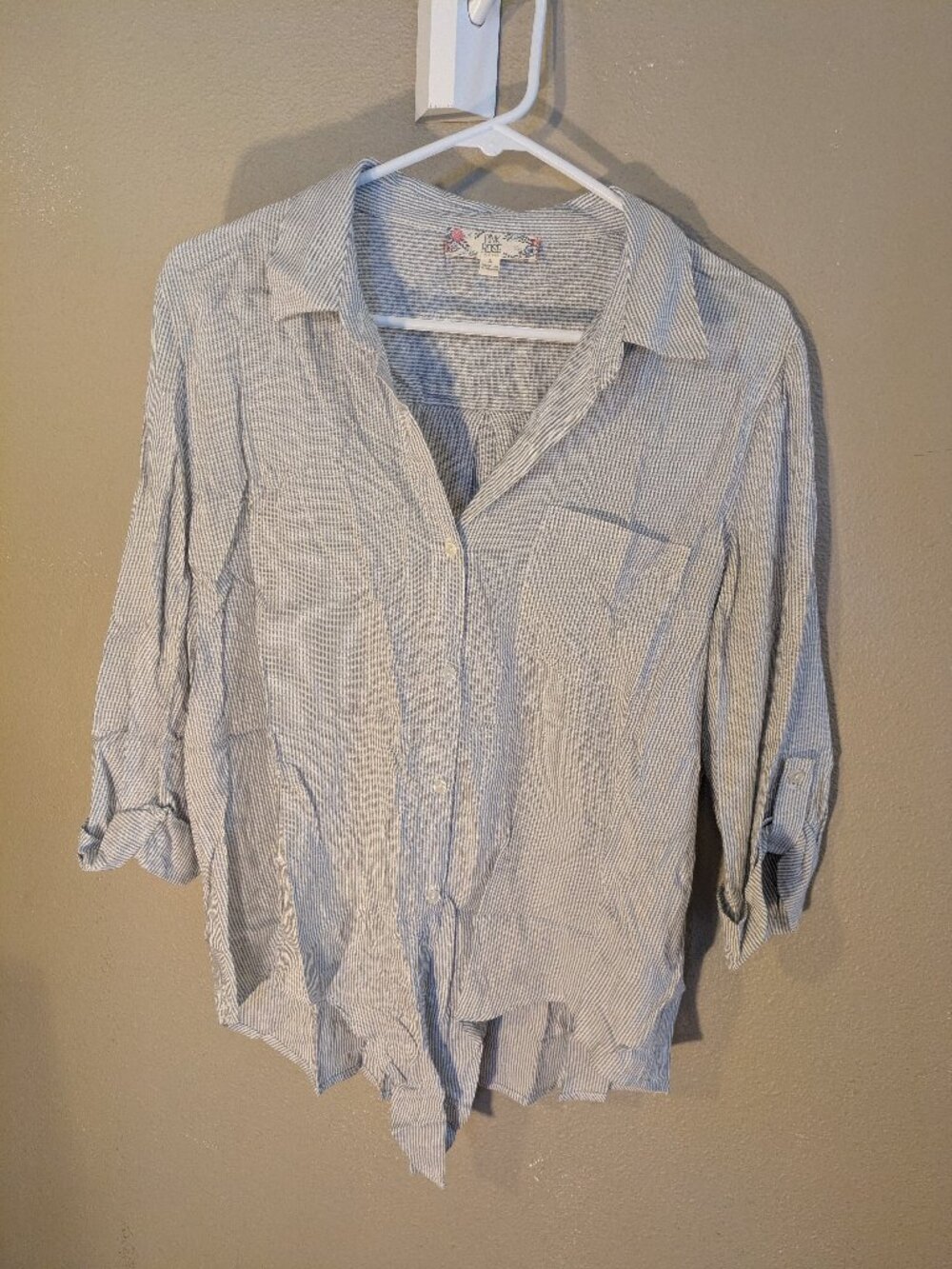 Blue and white tie-front button-up shirt